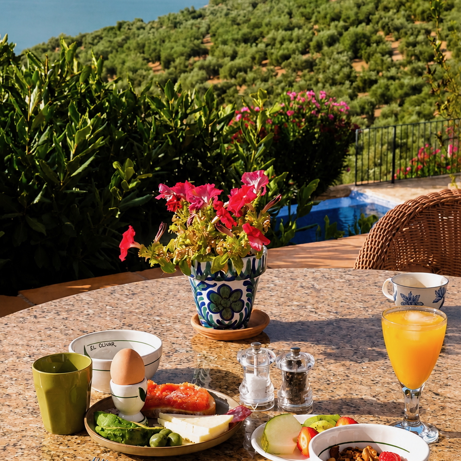 Ontbijt op het terras van gastenverblijf in Andalusië