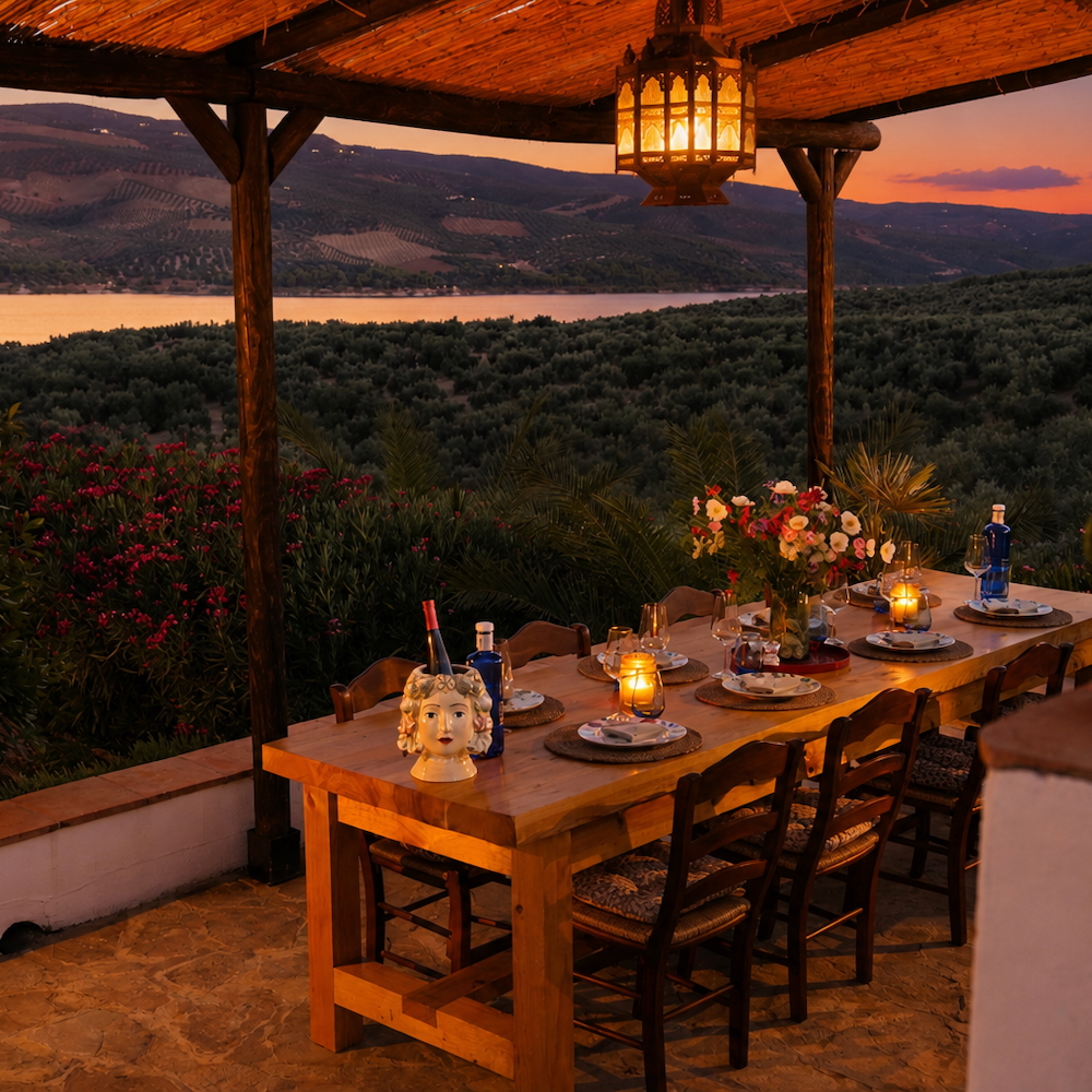 Gedekte tafel bij zonsondergang in de natuur in Andalusië