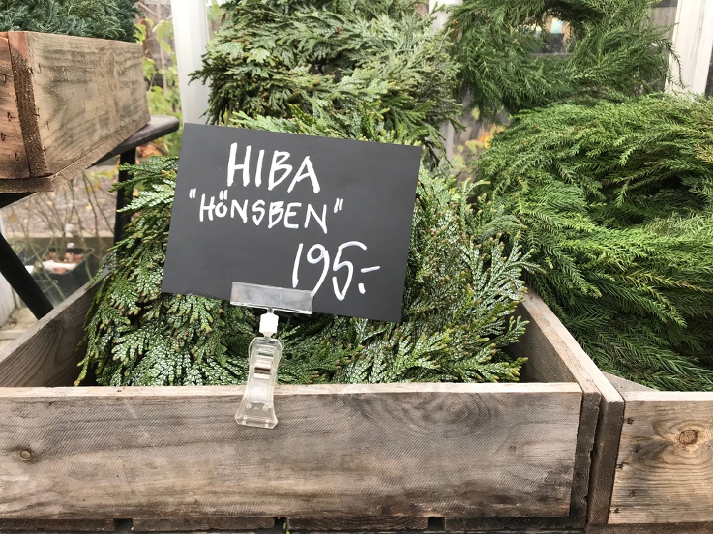Een houten kistje met kerstgroen erin en een prijsbordje