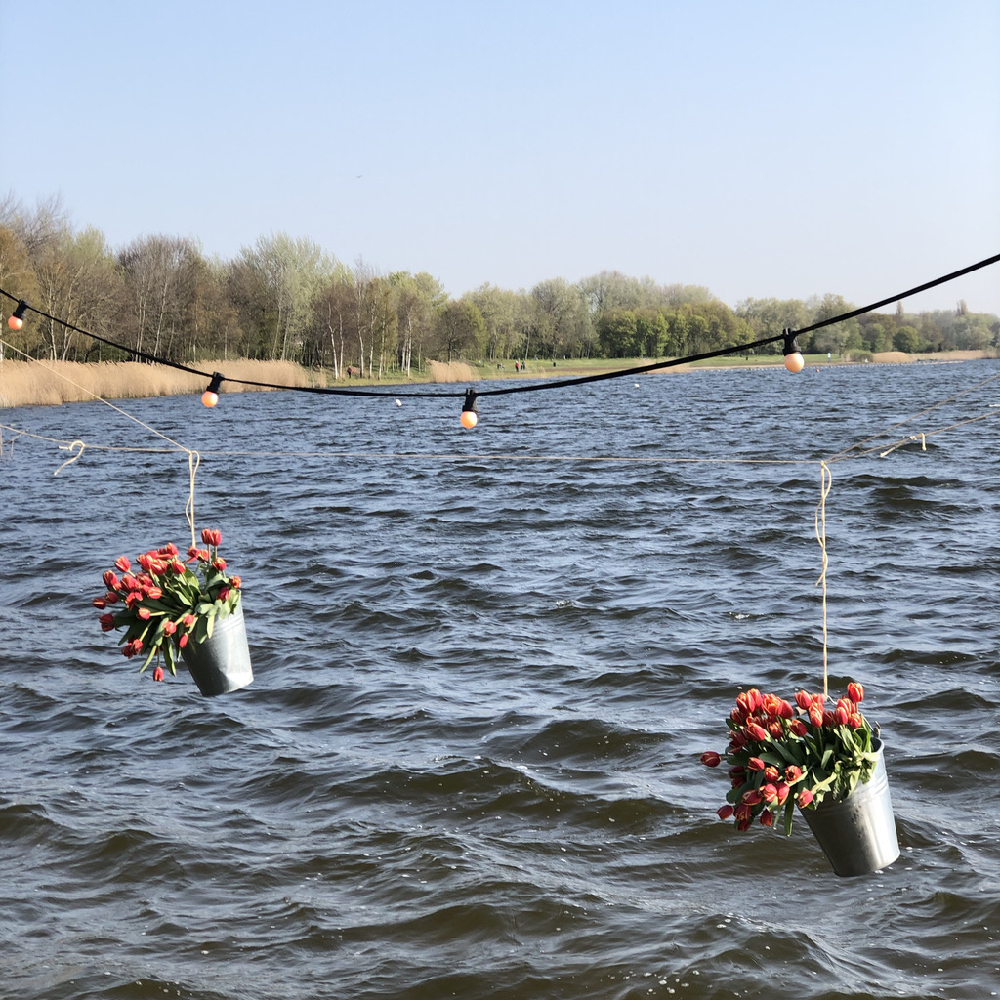 Zinken emmers gevuld met rode tulpen aan een lampjesslinger boven het water