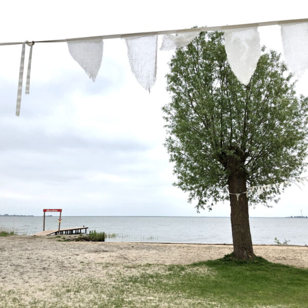Vlaggetjes op het strand aan het IJsselmeer