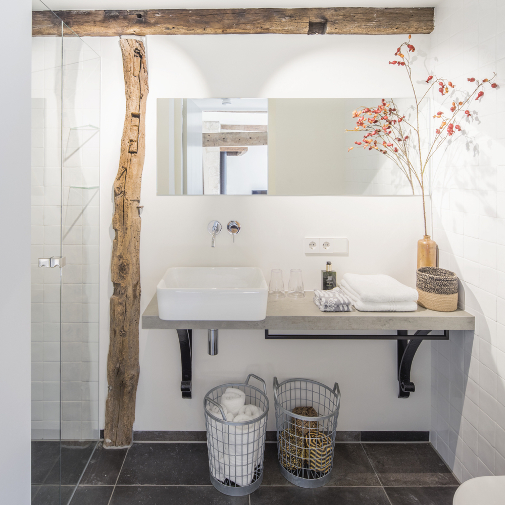 Moderne badkamer in het vakantiehuis, met stoere gebinten