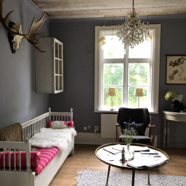 Zweedse houten bank met bontjes erop