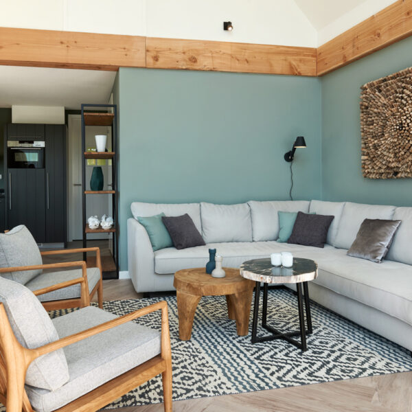 Woonkamer met lichtgrijze muur, zitbank met kussens en zwart-wit vloerkleed