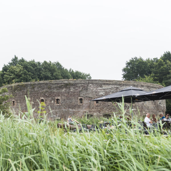 Fort met parasols, wuivend riet