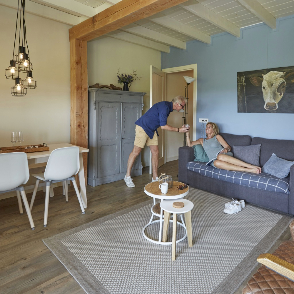 Woonkamer met vrouw op de bank die drankje krijgt van man