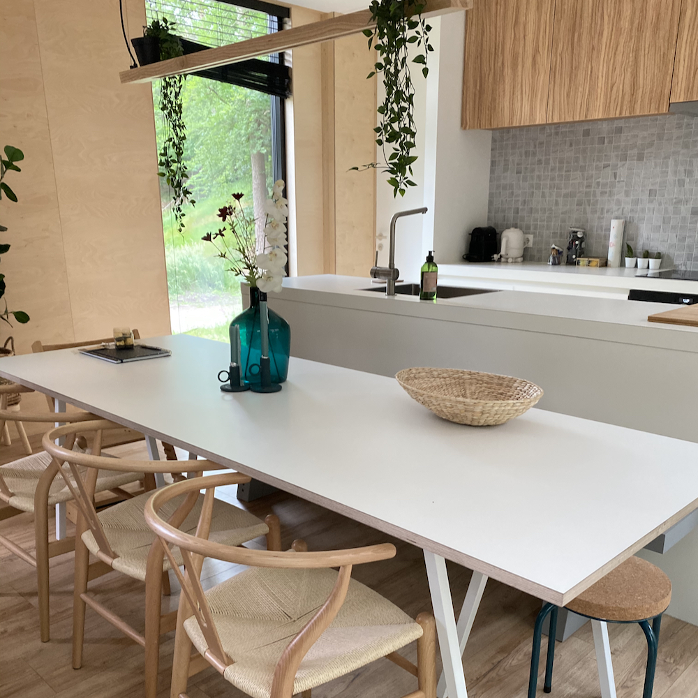 Design eetstoelen in een vakantiehuis in het bos