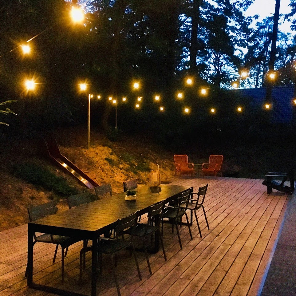 Zomeravond bij een vakantiehuis in het bos