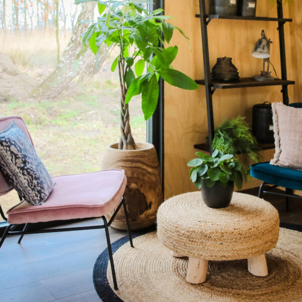 Knus zitje met roze fauteuil en rieten tafeltje