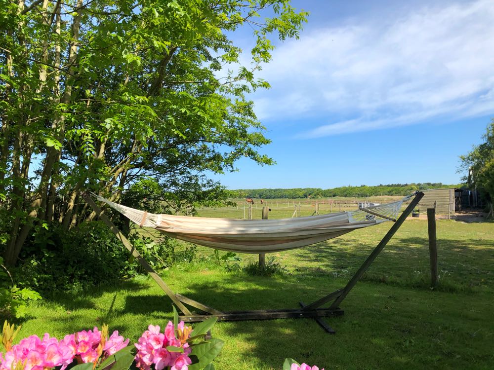 Hangmat met zicht op de weilanden en de duinen in de verte