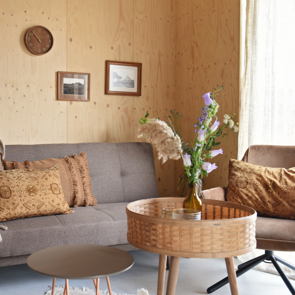 Woonkamer met houten accenten in een vakantiehuis in Friesland