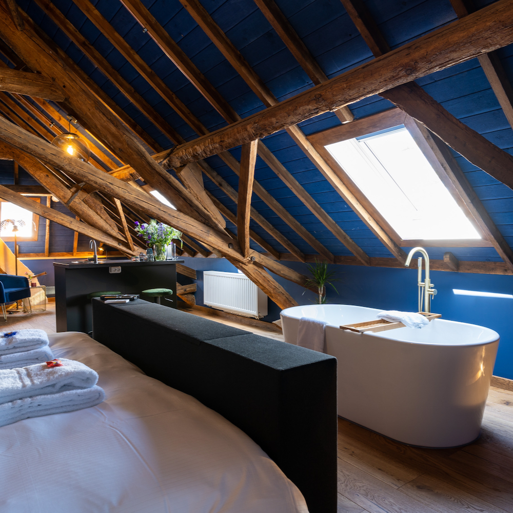 Slaapkamer met privé bad in een hotel in Noord-Brabant