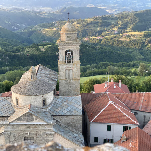 Historisch dorpje met kerktoren in groene heuvels in italië