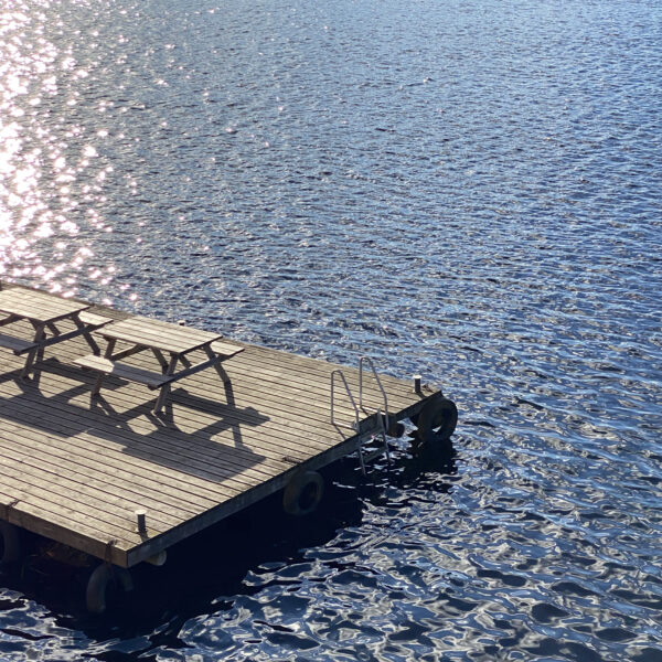 Houten vlonders met picknicktafels aan het water.
