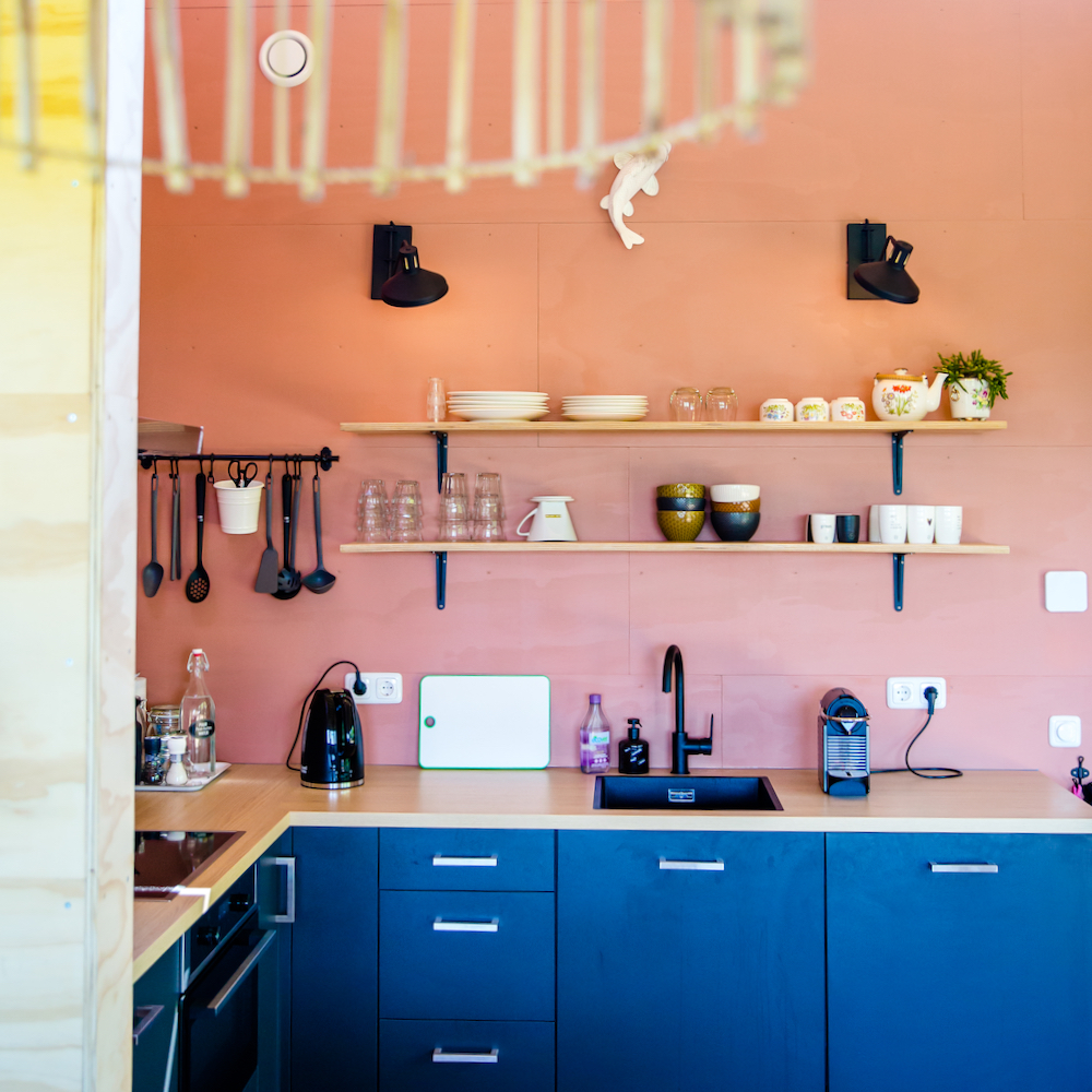 Blauwe keuken met roze wand in een vakantiehuis in Friesland.