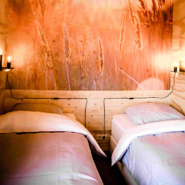 Slaapkamer met twee losse bedden en een behang van rietpluimen in de avondzon.