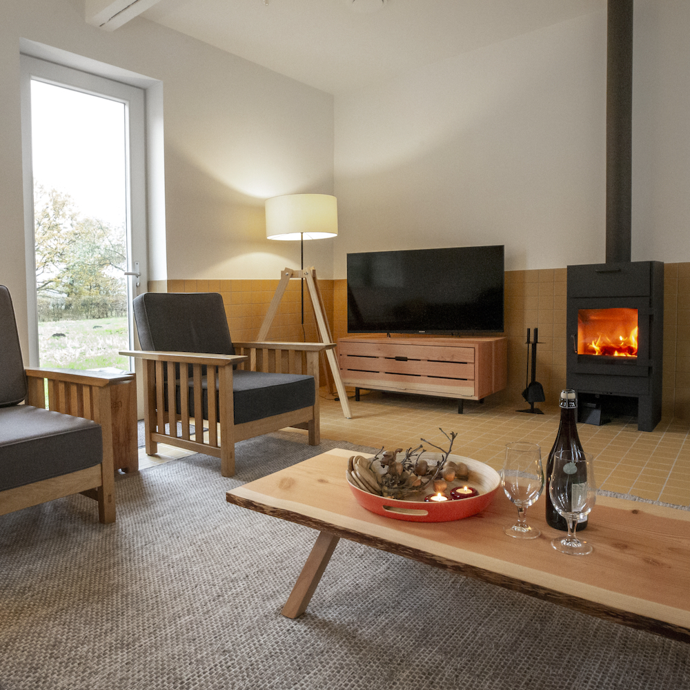Woonkamer met houtkachel in de hoeve