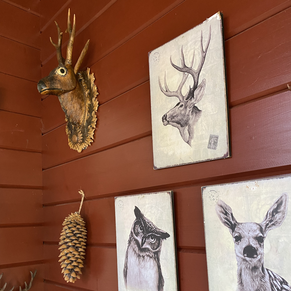 Schilderijen met bosdieren aan de wand in het vakantiehuis