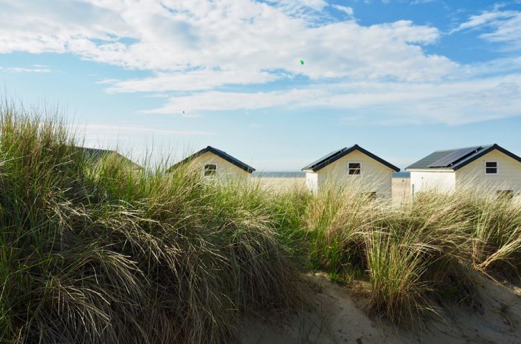 Strandhäuser in einer Reihe am Strand bei Vrouwenpolder