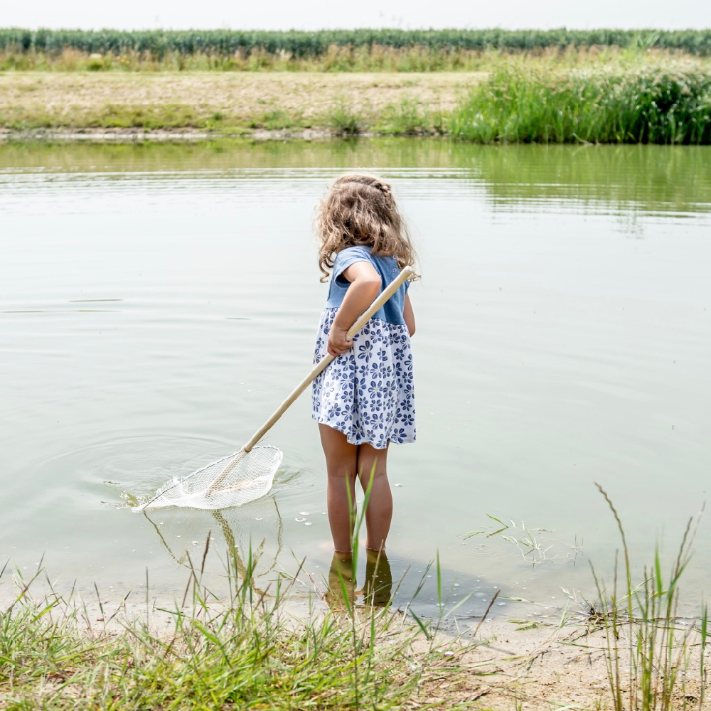 Mädchen mit Schaufelnetz im Wasser