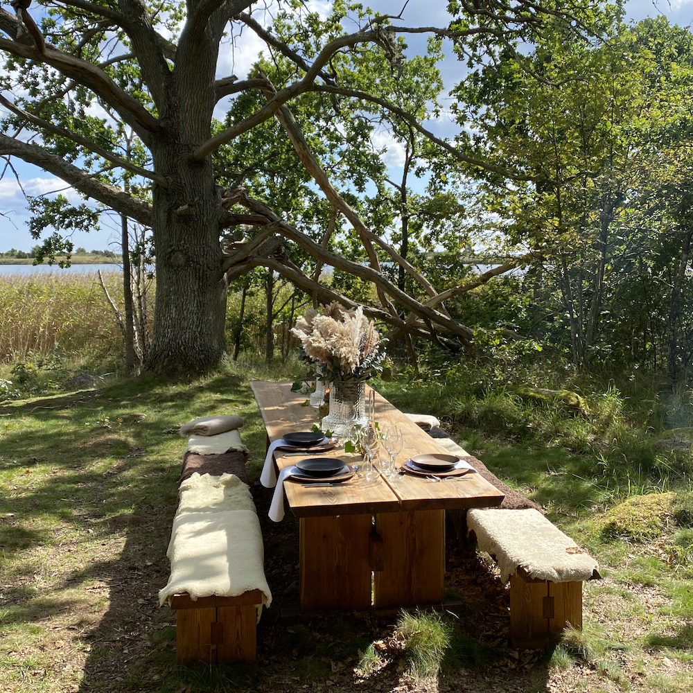Gedeckter Tisch draußen unter dem Baum an den Gewässern von South Smaland