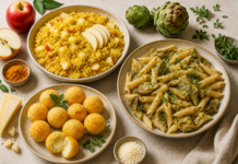 Ricettario della longevità: il piacere di curarsi a tavola Tavola curata con penne ai carciofi, riso semintegrale alla curcuma e mele, e palline di polenta al forno.