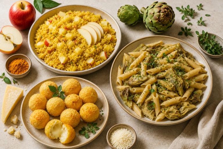 Tavola curata con penne ai carciofi, riso semintegrale alla curcuma e mele, e palline di polenta al forno.