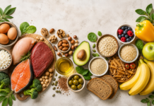 Proteine, grassi e carboidrati: la dieta amica della longevità Vista dall'alto di una varietà di cibi sani tra cui frutta, verdura, uova, avocado, noci e cereali integrali.