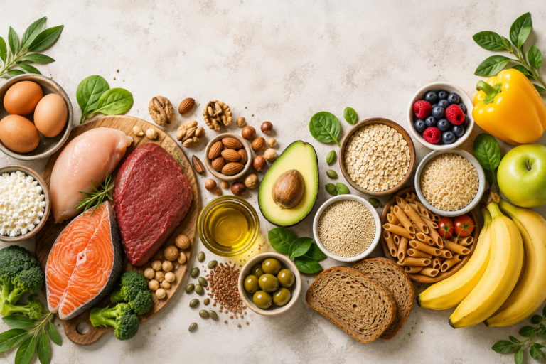 Vista dall'alto di una varietà di cibi sani tra cui frutta, verdura, uova, avocado, noci e cereali integrali.