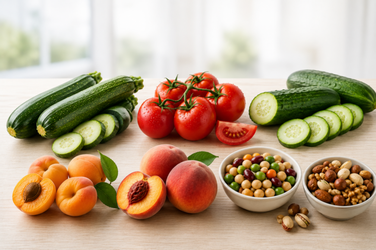 Composizione di cibi estivi rinfrescanti tra cui zucchine, pomodori, cetrioli, albicocche, pesche, legumi e frutta a guscio.