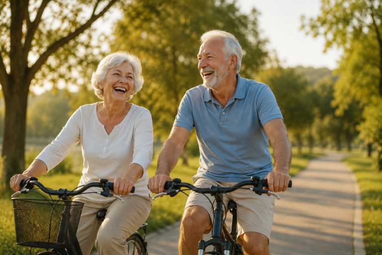 Coppia anziana sorridente che va in bicicletta all'aperto in un parco soleggiato.
