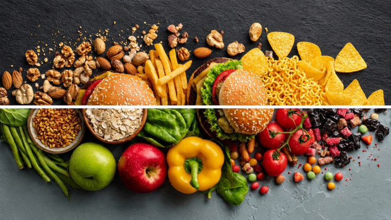 Confronto diviso a metà tra cibo spazzatura monotono e alimenti freschi e nutrienti come verdura, frutta e cereali