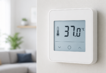 Agosto e il termostato naturale: come proteggere il tuo equilibrio Termostato digitale da parete impostato a 37 gradi centigradi in un ambiente domestico.