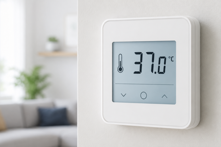 Termostato digitale da parete impostato a 37 gradi centigradi in un ambiente domestico.