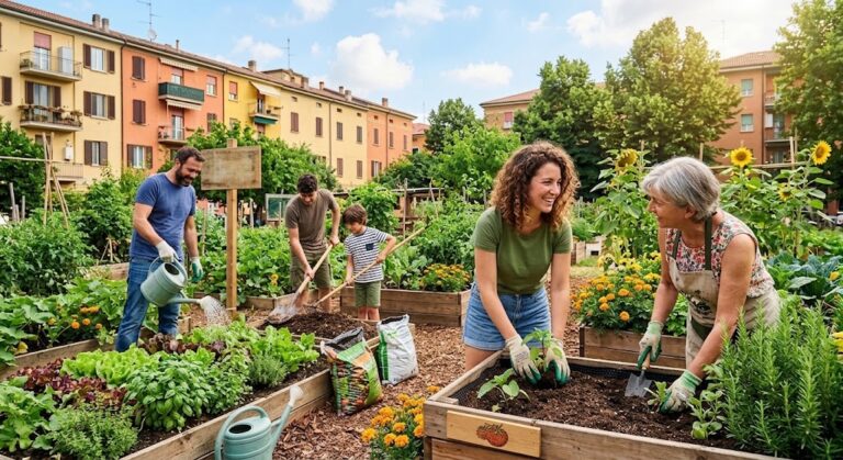 Persone di diverse età che coltivano un orto urbano condiviso tra edifici residenziali.