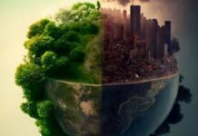Dalle vacanze alla vita reale: come i ritmi della terra curano la nostra mente Illustrazione di un pianeta diviso tra natura rigogliosa e città industrializzata e inquinata.