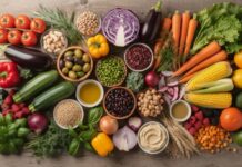 La tavola della terra — Come il cibo impoverito disconnette il corpo e infiamma la mente Composizione dall'alto su tavolo in legno di vari ingredienti freschi tra cui verdure, ortaggi, legumi, cereali, frutti di bosco e ciotole di olio e hummus.