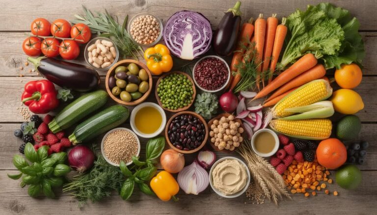 Composizione dall'alto su tavolo in legno di vari ingredienti freschi tra cui verdure, ortaggi, legumi, cereali, frutti di bosco e ciotole di olio e hummus.