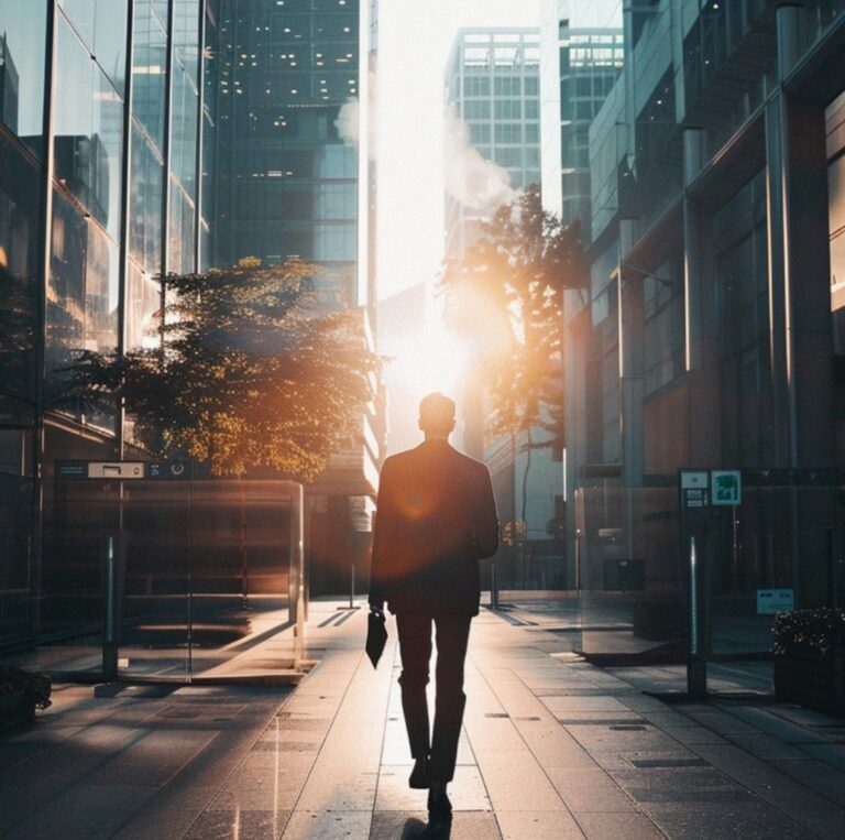 Silhouette di un uomo in abito professionale che cammina da solo in una strada cittadina tra moderni grattacieli al tramonto, tenendo una valigetta.