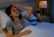 Il termometro interiore — Come l’afa e il clima alterano il nostro umore e il sonno Donna a letto durante la notte con la mano sulla fronte, visibilmente sudata e provata dal calore