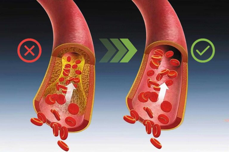 Un'illustrazione medica di due vasi sanguigni affiancati. A sinistra, un'arteria occlusa da un deposito giallo (placca aterosclerotica), che ne restringe il lume, riducendo il flusso dei globuli rossi, indicata con una "X" rossa. A destra, un'arteria sana e libera, con un lume ampio e un flusso sanguigno non ostruito, indicata con un segno di spunta verde.