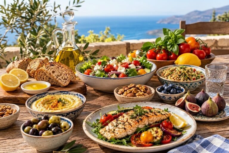 banchetto di cibo mediterraneo, tra cui pesce alla griglia, insalata greca, hummus, pane integrale, frutta fresca e verdure.
