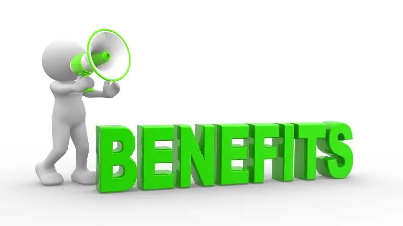 3D figure with megaphone next to the word  BENEFITS in green