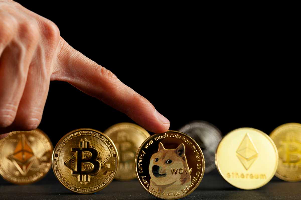 A close-up of a Dogecoin token with the Shiba Inu logo and the word WO