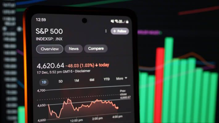 A close-up of a smartphone screen displaying stock market indices