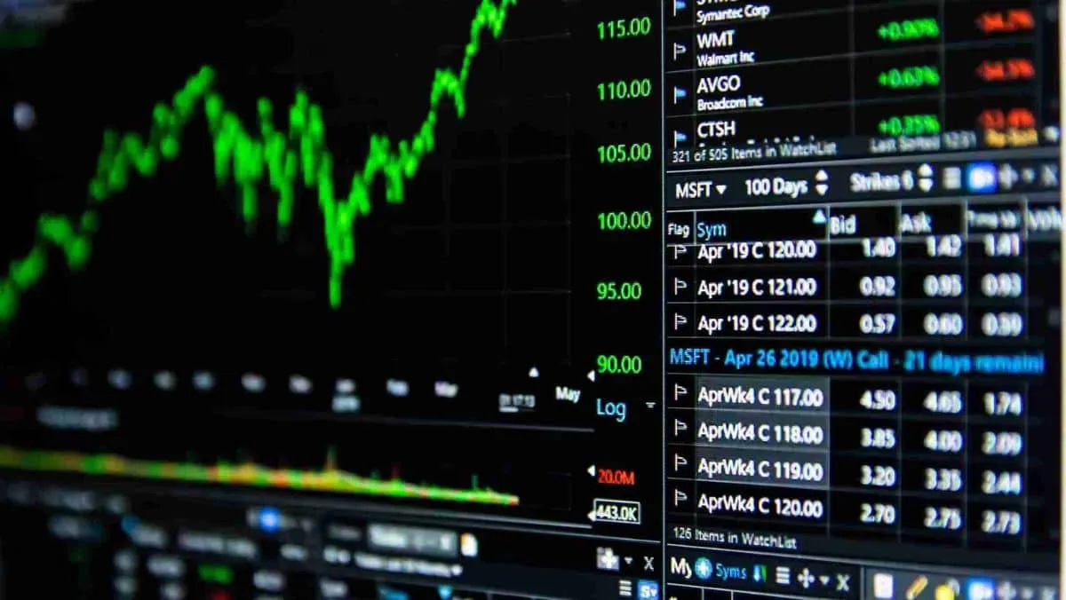 A digital interface showing a trading chart, with the right side presenting asset prices