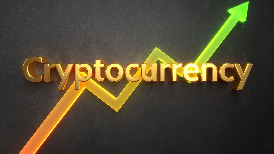 A dynamic 3D rendering of the word Cryptocurrency with a rising green arrow 