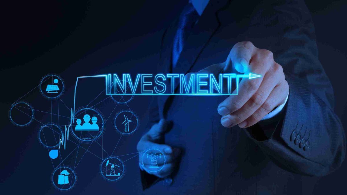 A man pointing towards the word INVESTMENT accompanied by icons representing various investment sectors