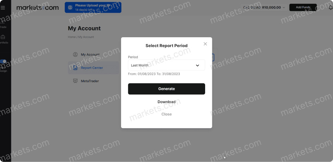 A pop-up window offers choices to generate, download, or close the report.