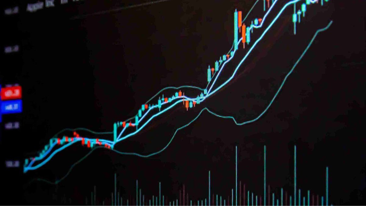 A trading chart featuring vibrant neon colors and open trading indicators